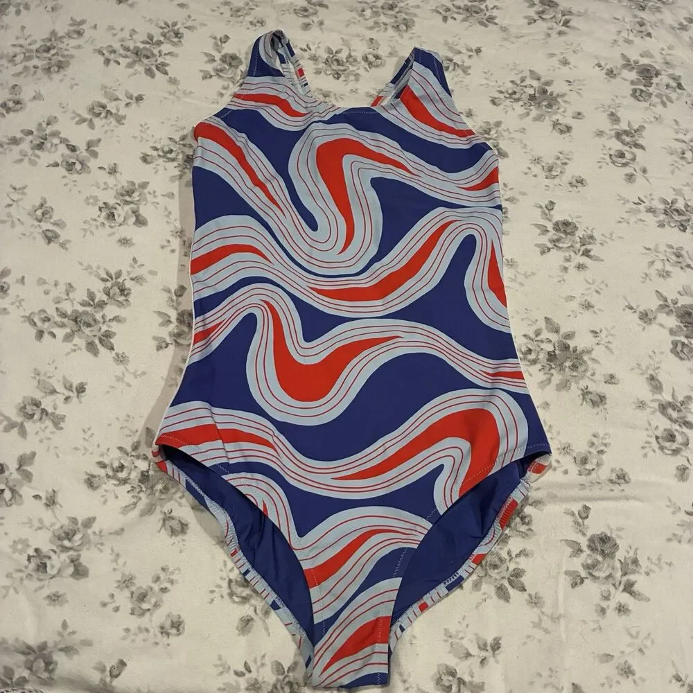 NWOT $218 Sz Medium TORY BURCH SPORT ONE-PIECE SWIMSUIT Patriotic Swirl